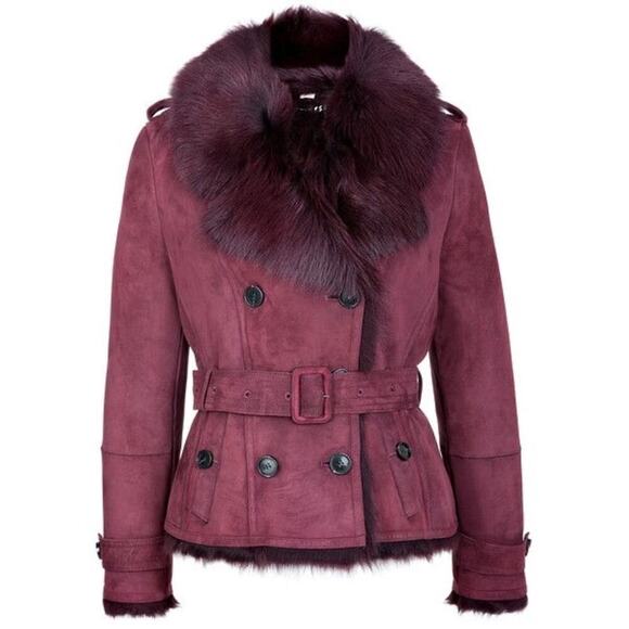 Burberry Burgundy Suede Shearling Haddingcroft Double Breasted Jacket US size 2 - Picture 3 of 16